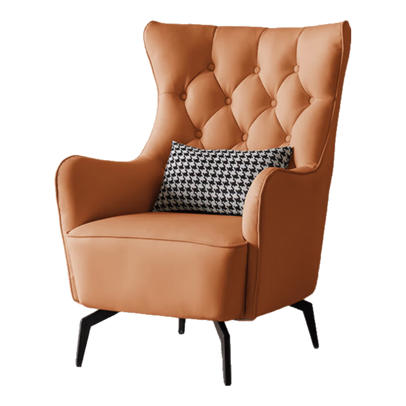 牧席歐式單人沙發(fā)椅客廳美式設(shè)計師臥室椅子小沙發(fā)酒店公寓輕奢老虎椅 輕奢橙生態(tài)真皮【帶腰枕】