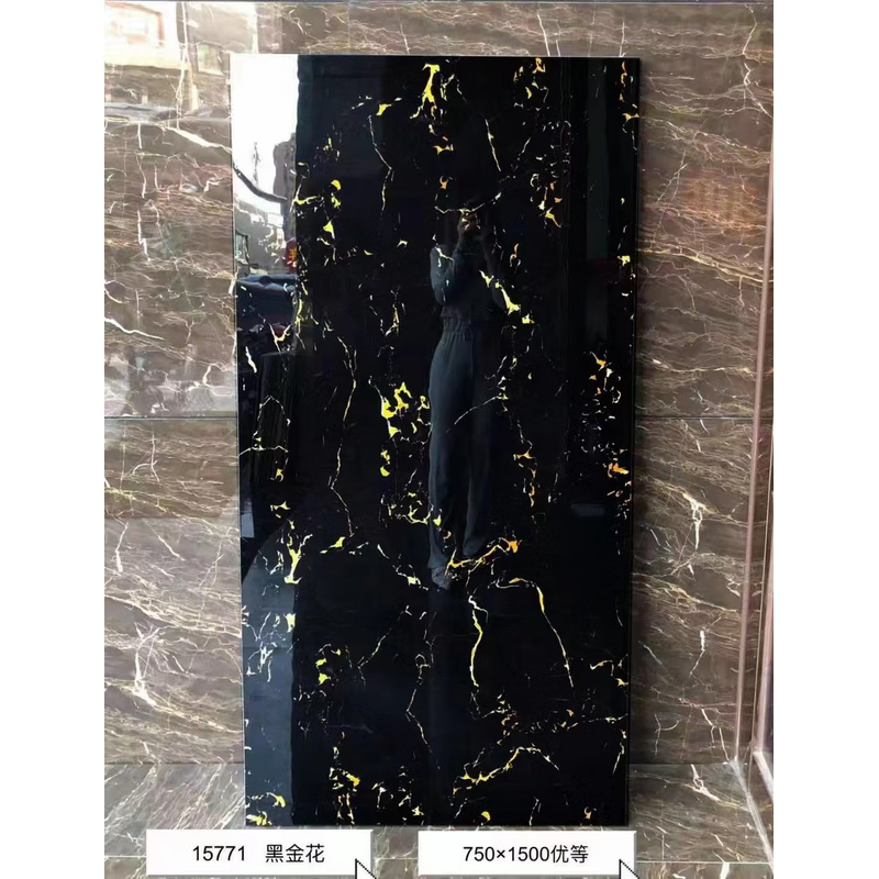 宰搂通体全抛釉大理石瓷砖750x1500大板地砖防滑深色酒店背景墙 黑金