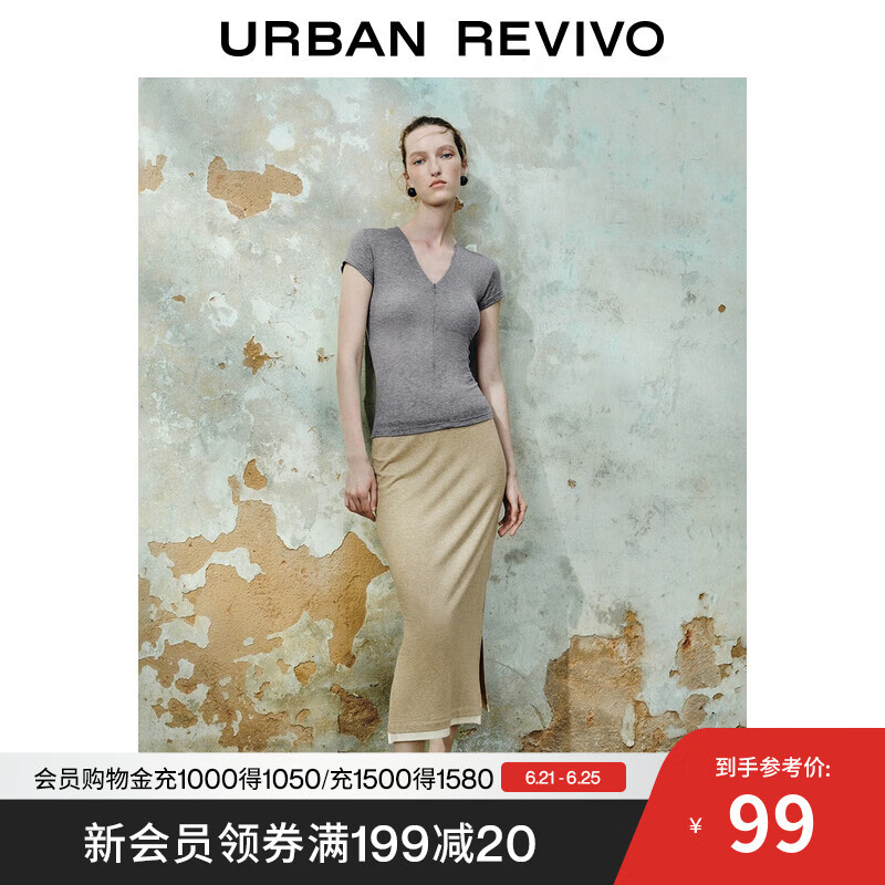 UR2025夏季新款女装休闲简约V领拉链修身短袖T恤UWH450052 深灰花灰 M