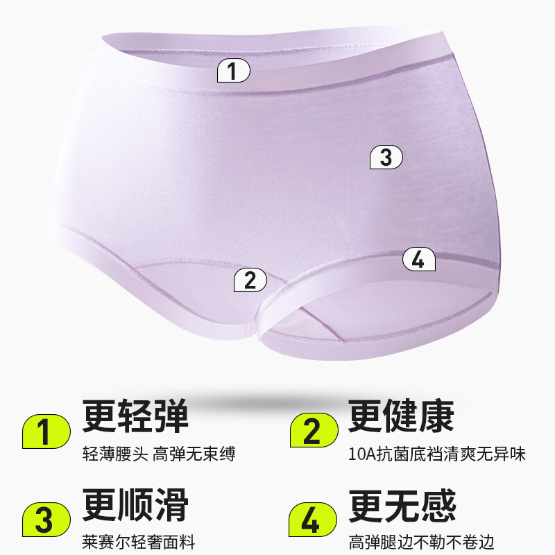 樱姿娜【6条】无痕内裤女莱赛尔加长10A级抗菌除臭蚕丝裆弹力透气三角裤 【6条装】蓝+绿+粉+紫+肤+灰 L 高腰(80-120斤内可穿)