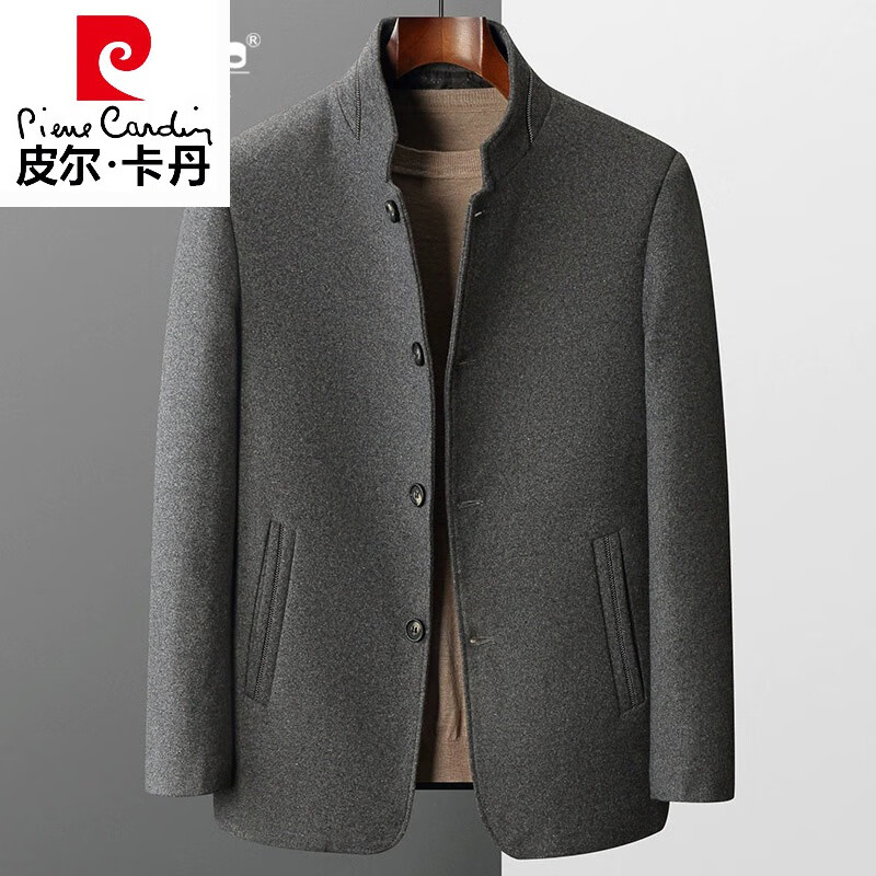 皮爾卡丹（pierre cardin）2025年春秋季羊毛西服男士商務(wù)休閑立領(lǐng)外套中年爸爸裝毛呢短大衣 灰色 M 170 【建議95-115斤】