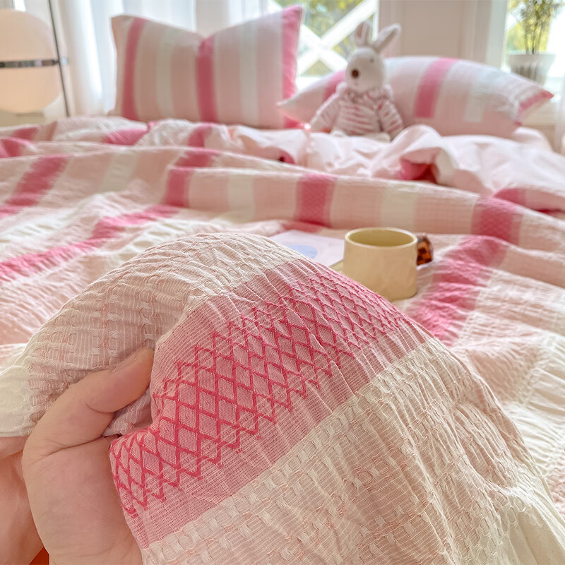 曼克頓（MANKEDUN）夏涼被純棉四件套大豆纖維薄被可機洗全棉空調被單雙人 泛歌-粉【新疆純棉面料_大豆纖維 全棉大豆夏被：150×200cm【重約