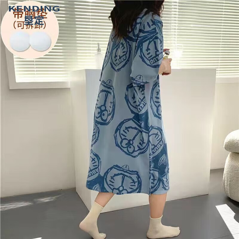 GFXM睡裙女夏带胸垫甜美卡通短袖睡衣薄款大码宽松孕妇家居服网红 叮当猫裙子带胸垫 M  80-125斤
