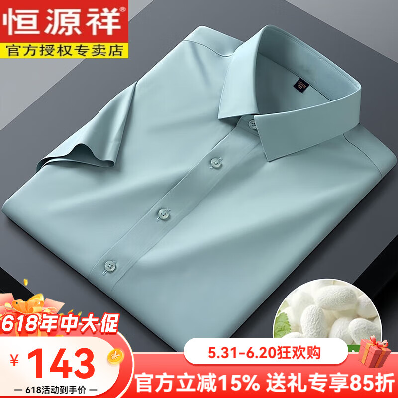 恒源祥桑蠶絲男薄款短袖襯衫職業(yè)夏季休閑抗皺免燙正裝男襯衣伴郎服 綠色 短袖 蠶桑絲襯衫夏季D27 XL 建議135-155斤