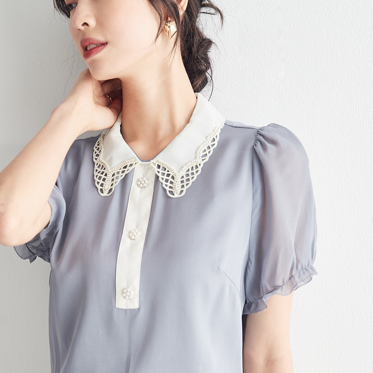 帕罗夏季新款百搭真丝短袖t恤女时尚设计感小众蕾丝边泡泡袖上衣 灰色 L 165/88A