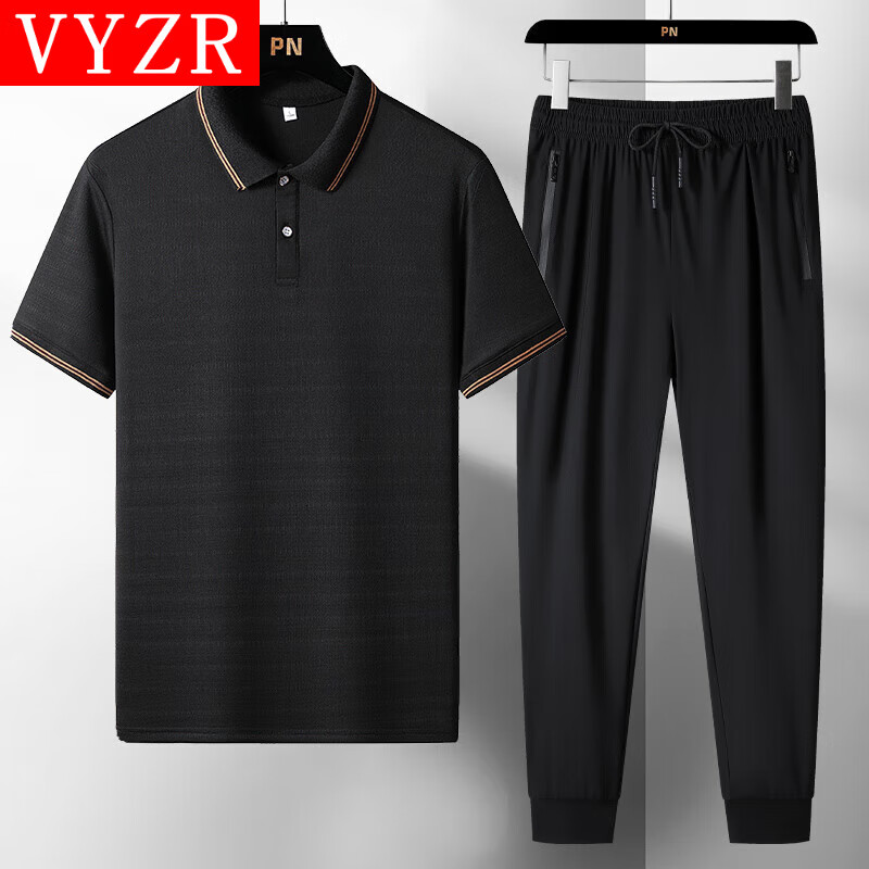 VYZR冰丝Polo运动套装男士夏季跑步健身新款商务休闲速干短袖长裤整套 束脚-黑色 L