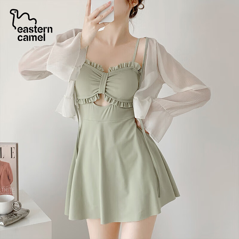 东方骆驼连体游泳衣女ins长袖夏季新款2025保守遮肚显瘦泡温泉感 绿色含外套 S 建议体重70-90斤