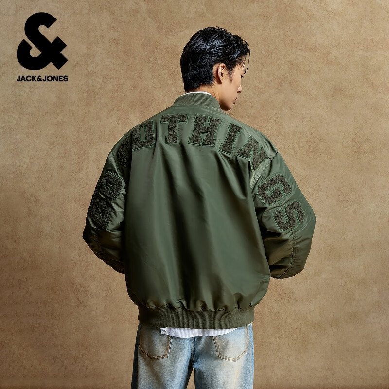 杰克·琼斯（JACK&amp;JONES）25年男装秋冬潮酷飞行员夹克男短款棉服宽松棒球服棉衣外套男士 E03草绿 M 175