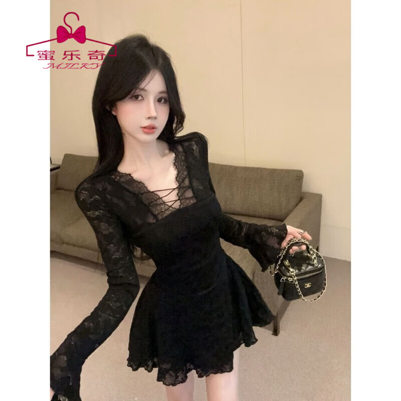蜜乐奇春秋季韩系纯欲风V领长袖蕾丝连衣裙新款收腰显瘦A字短裙女ins 黑色 L 建议105-118斤