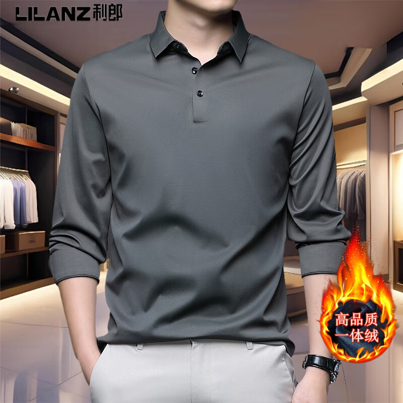利郎男装商务长袖加绒T恤秋冬季新款桑蚕丝免熨烫男士高端行政T恤衫 225-黑色 加绒 L 170/建议120-140斤