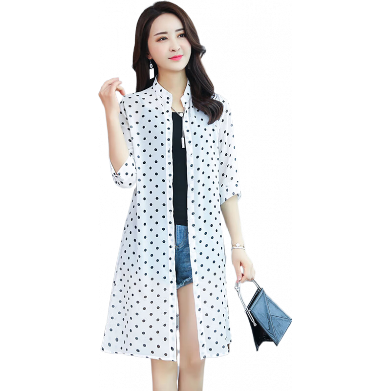 皮爾卡丹（pierre cardin）防曬衣女外套中長款薄款七分袖波點披肩夏季雪紡?fù)獯铋_衫2025新款 白色 XL