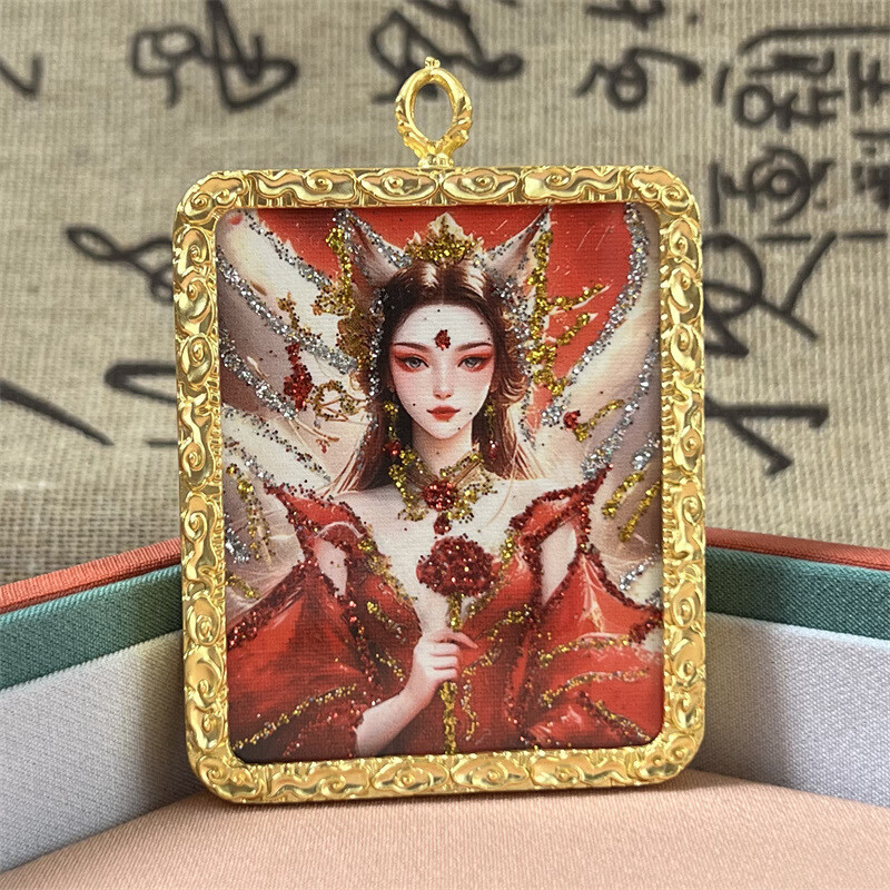 新款唐卡纯手工描金彩金狐狸挂件梵仙山凤九九尾狐狐仙吊坠带珠链