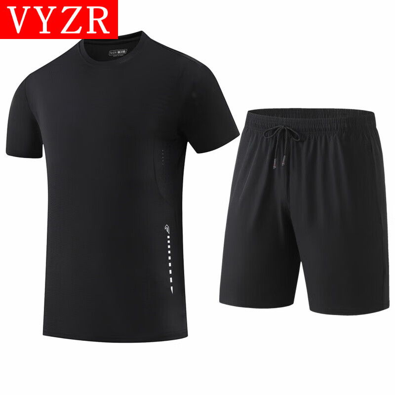 VYZR健身衣服男运动套装马拉松跑步装备夏季专用短袖短裤速干训练 黑色+黑色 M