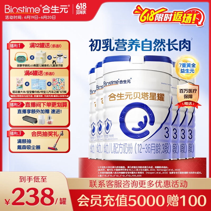 合生元（BIOSTIME）贝塔星耀 幼儿配方奶粉好吸收3段(12-36个月) DHA 700g*6罐新国标