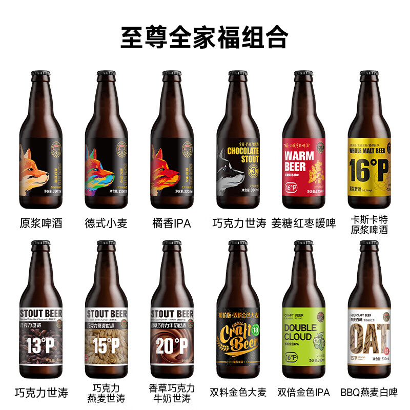 黑狸精酿巧克力世涛黑啤酒高端系列高度烈性原浆组合送礼礼盒整箱装 全家福组合【至尊1号】330ml*12
