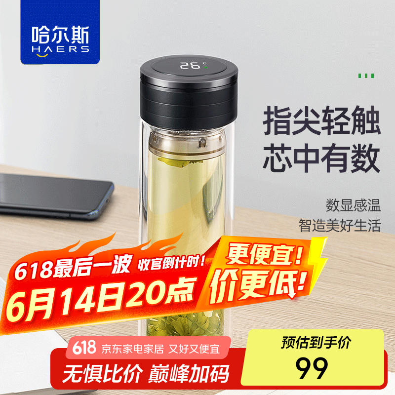 哈尔斯高硼硅玻璃杯男女士茶水分离杯双层隔热泡茶数显水杯子便携t 睿智黑320ml 双层隔热+数显