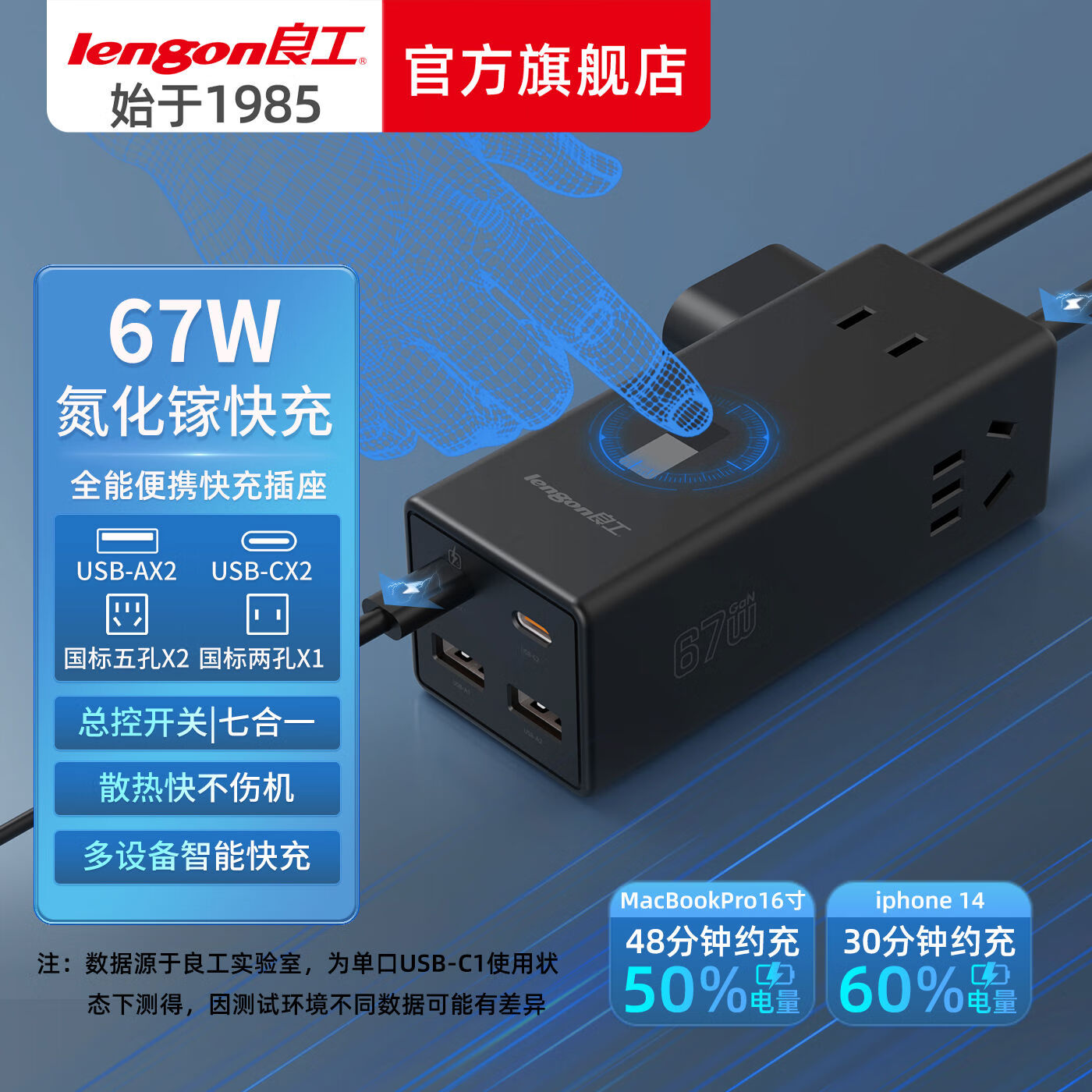 良工（lengon）良工面多功能usb充電插座面板67W氮化鎵插線(xiàn)板插排接線(xiàn)板排插 黑67W快充全長(cháng)1.5米