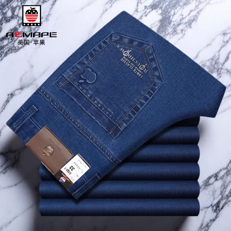 AEMAPE苹果牛仔裤男春夏款弹力中老年秋冬牛仔长裤高腰深档直筒宽松男裤 5155浅蓝 薄-款 29 （2尺2腰围73.5CM)