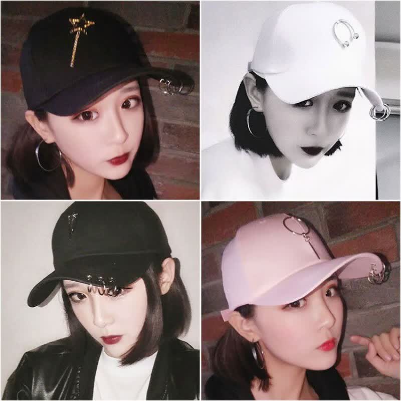 【创意】新款帽子女韩版潮棒球帽鸭舌帽女春夏个性铁环棒球帽学生 纯色黑色