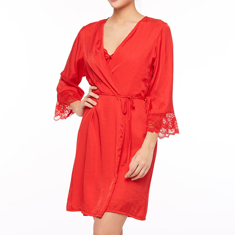 浪漫春天女士轻奢仿丝两件套睡衣套装性感结婚睡衣 红色 均码 （建议80-120斤）