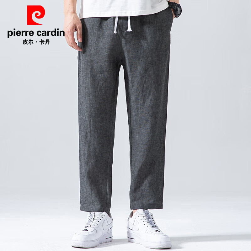 皮爾卡丹100%亞麻九分休閑褲男式夏季薄款透氣中國風(fēng)松緊腰中青年直筒褲子