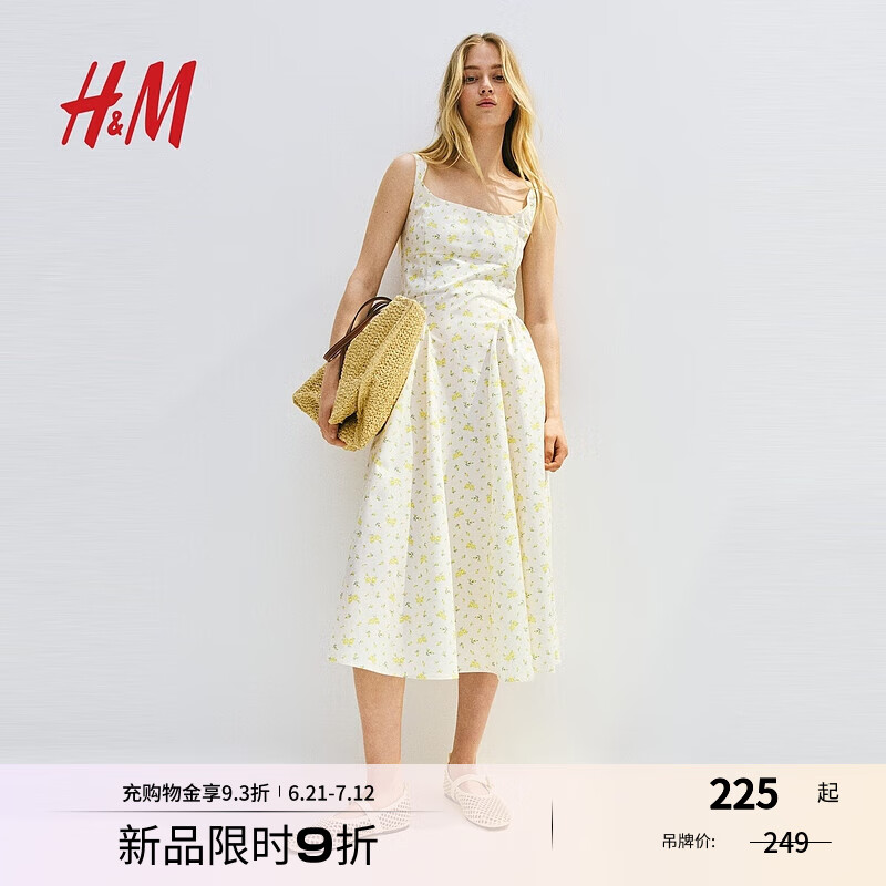 H&M女装连衣裙2025春时尚连衣裙后部系带府绸连衣裙1275786 白色/花卉 M 165/96