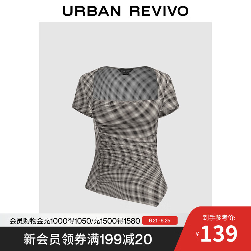 UR2025夏季新款女装潮流复古格纹褶皱收腰罩衫衬衫UWJ250041 冷灰格子 (面料微透) XS