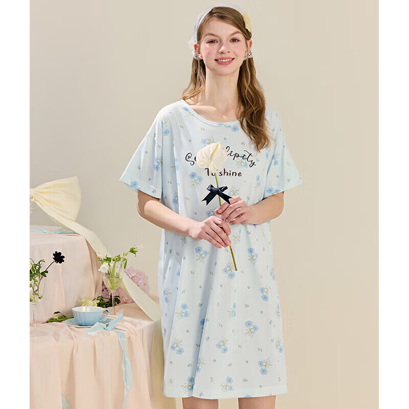 芬腾睡裙女士夏季薄款短袖睡衣中裙女款宽松休闲卡通可爱家居服 FX26921093冰兰 M 建议:90-110斤