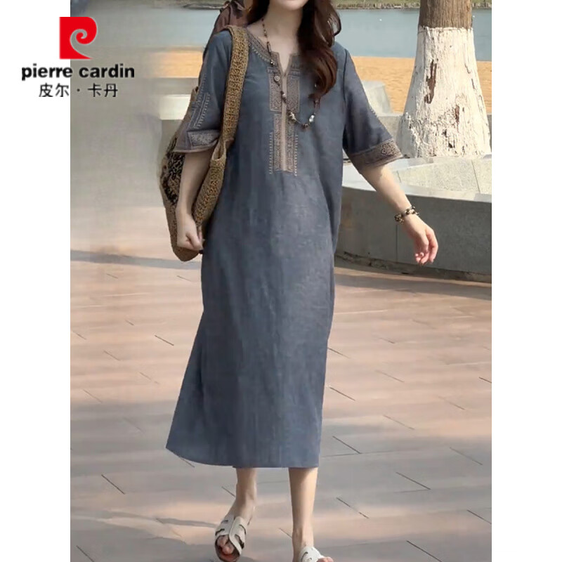 皮尔卡丹(pierre cardin)复古轻奢气质重工刺绣连衣裙女2026夏季新款大码宽松显瘦百搭裙子 牛仔蓝【高品质】 XL 【121-140斤】