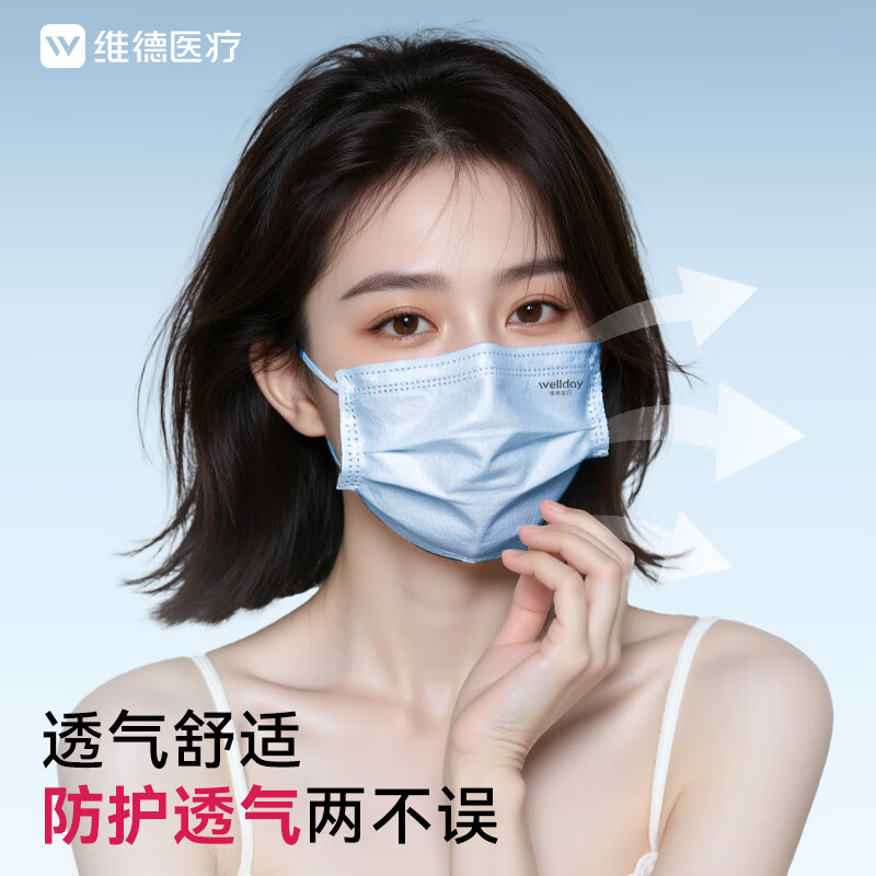 维德(WELLDAY)一次性医用外科口罩挂耳式三层无菌级防细菌防飞沫透气医用防护 蓝色医用外科灭菌 100只【每10只1袋】