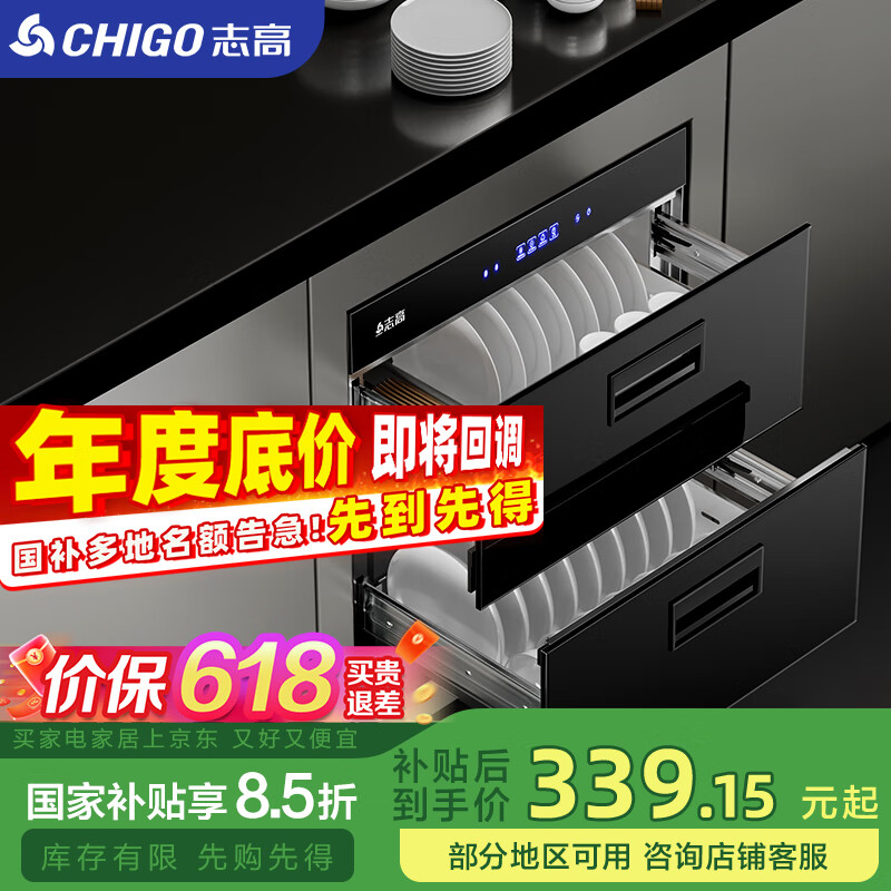 志高（CHIGO）嵌入式消毒柜家用小型厨房碗筷餐具多功能三层120L大容量立式高温消毒碗柜 一星级 100L 两层4键标配