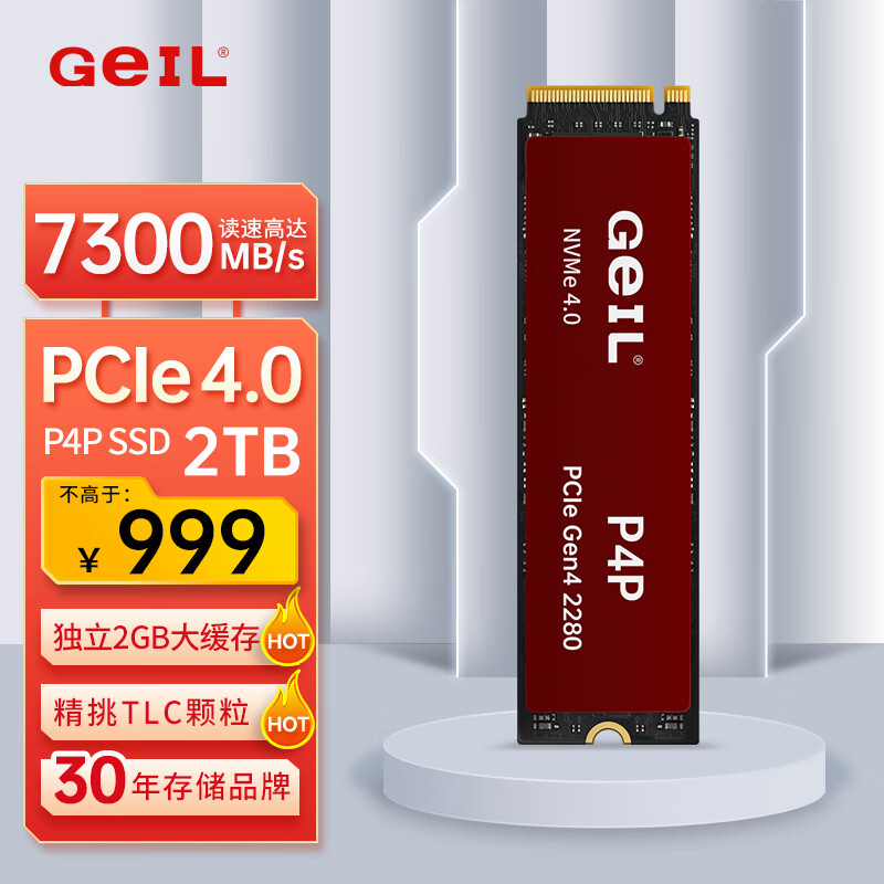 GEIL金邦2TB SSD固态硬盘M.2接口(PCIe 4.0 x4)NVMe SSD游戏高性能版 2G独立缓存高速7300MB/S P4P系列