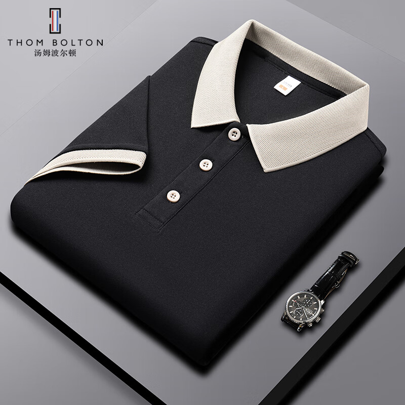 汤姆波尔顿男士商务休闲短袖POLO衫2025夏季薄款简约百搭宽松透气翻领T恤衫 黑色 M /105(建议105-120斤)
