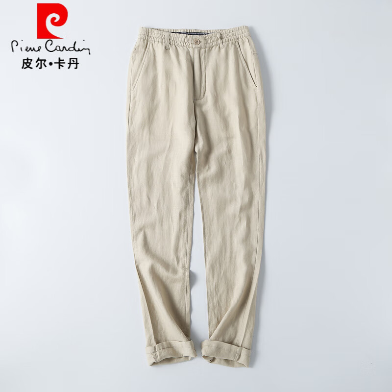 皮爾卡丹（pierre cardin）夏季亞麻褲男加肥加大碼寬松直筒麻料休閑褲子男薄款透氣棉麻長褲 米黃色 M 29-30碼