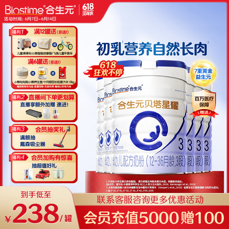 合生元（BIOSTIME）贝塔星耀 幼儿配方奶粉好吸收3段(12-36个月) DHA 700g*6罐新国标