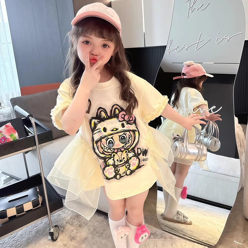 迷你巴拉巴拉（MINI BALABALA）女童t恤夏季2025新款兒童洋氣卡通T恤裙子夏裝女孩短袖體恤連衣裙 黃色 150 cm