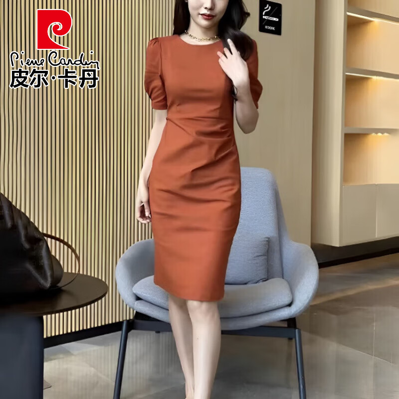 皮尔卡丹复古显瘦连衣裙法式新款收腰气质女夏季圆领修身赫本风泡泡袖裙子 橘红色 M 建议80-100斤