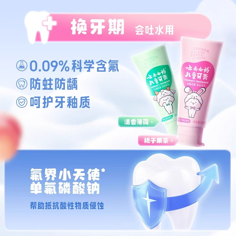 云南白药儿童牙膏洁齿护口含氟可防蛀牙放龋换牙期6-12岁宝宝 云宝【清香薄荷】 60g 1支