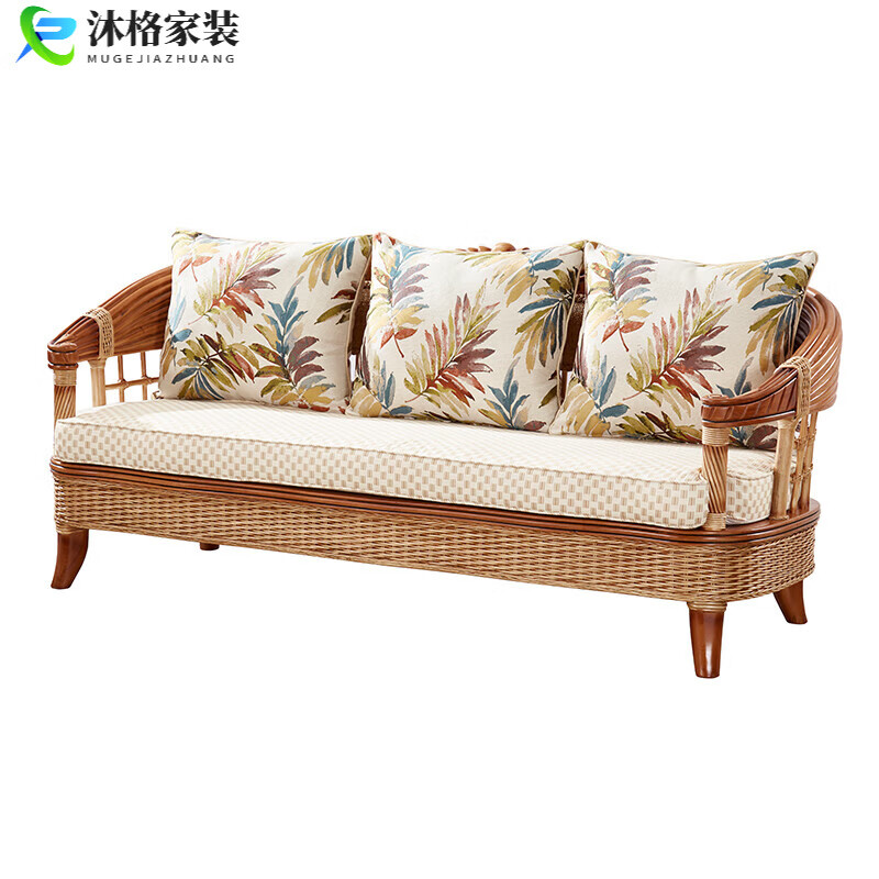 翰鷗斐HanouFei【輕奢高端】冬夏兩用實(shí)木沙發(fā) 藤編民宿酒店真藤沙發(fā)客廳歐式藤 三人位