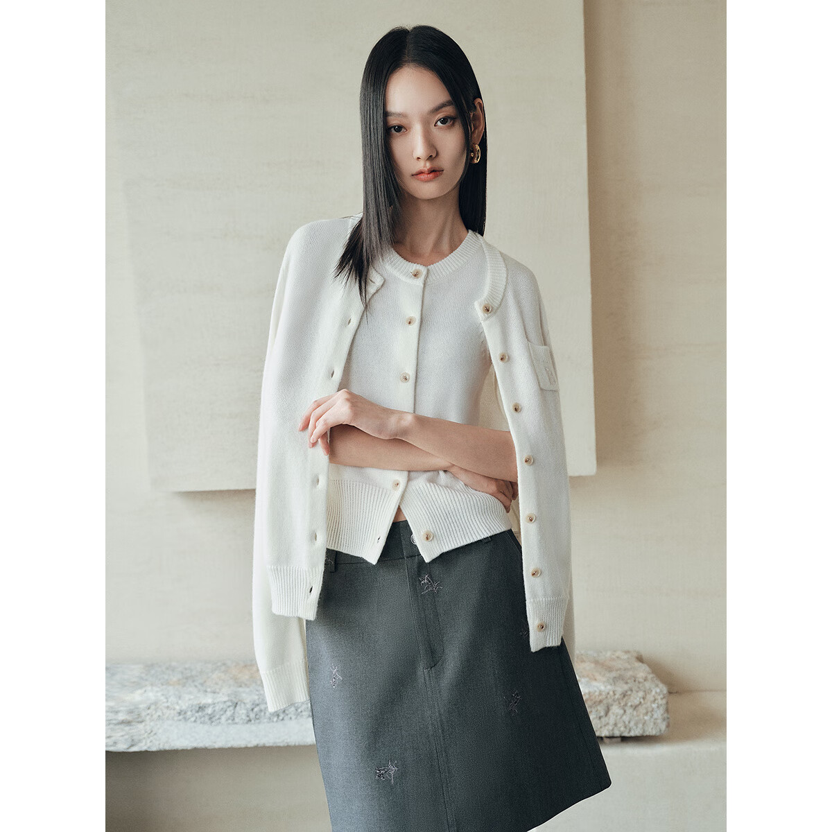 太平鸟秋冬毛针织衫集合链接新款打底无缝套衫女士开衫 开衫米色 L