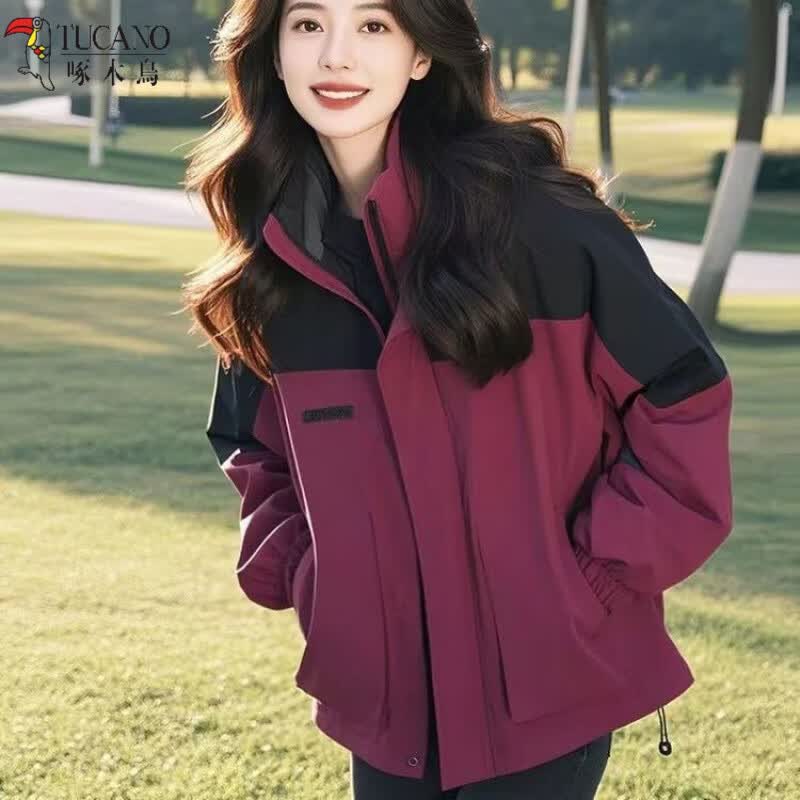 啄木鸟休闲连帽拼接冲锋衣外套女春秋款2026新款韩版宽松时尚百搭夹克潮 红色拼接冲锋衣【有里布】 XL 建议120-135斤