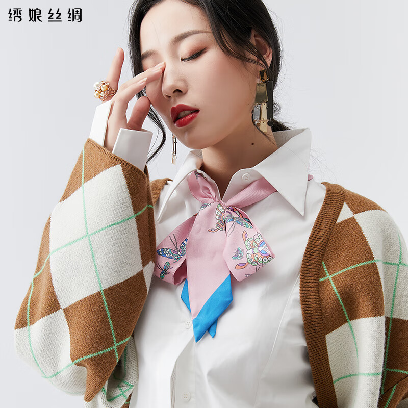 繡娘絲綢真絲女頭束發(fā)帶中國風(fēng)綁包包手柄絲巾裝飾小圍巾長(cháng)蝶舞小窄巾 粉紅色