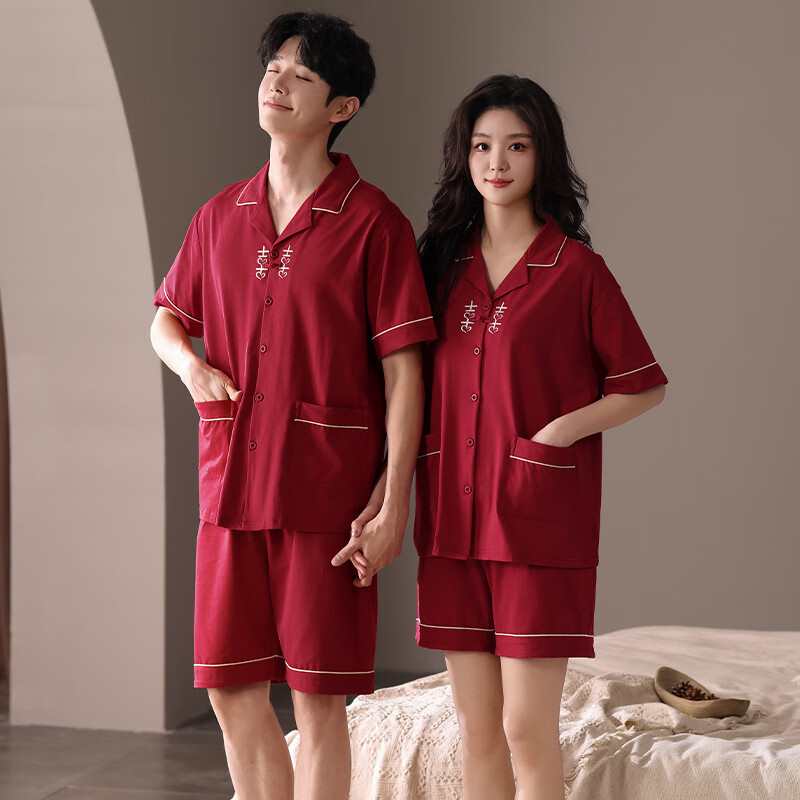 【精选直发】大红色婚庆情侣睡衣夏季红色结婚喜庆男女生短袖短裤 77852女#77870男# (两套装) M 女码