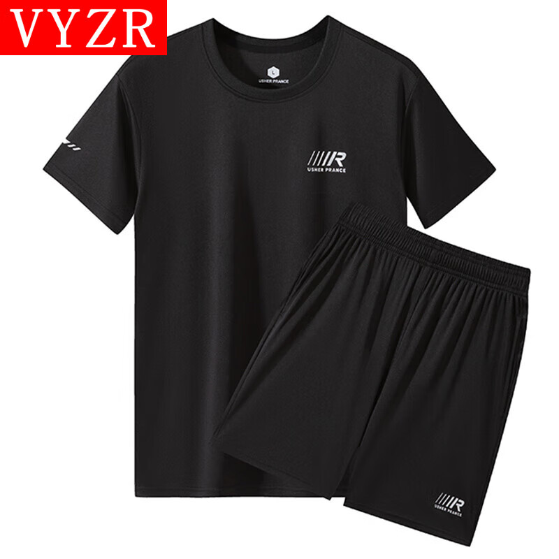 VYZR休闲运动套装男女健身套装速干衣休闲足球跑步训练服装短袖短裤春 黑色 M