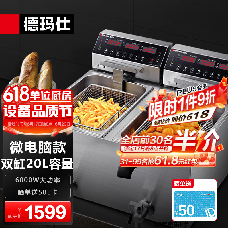 德玛仕（DEMASHI） 电炸炉商用 小吃油炸锅油炸机 油条机 薯条机 电炸锅 双缸L-102P【电脑款丨20L】