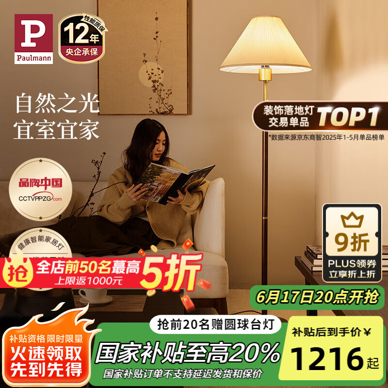 Paulmann P德国柏曼落地灯Yves 暖光灯客厅卧室氛围胡桃木杆复古立式灯具