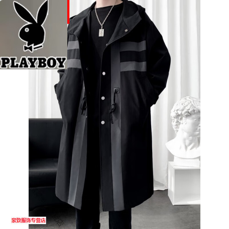 花花公子（PLAYBOY）港风大码宽松休闲连帽风衣男长款拼条撞色大衣男加肥加大风衣男  黑色 XL (建议135-155斤)