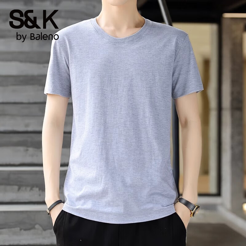 班尼路（Baleno）S&K纯棉短袖T恤男2025新款宽松休闲上衣服男士夏季大码百搭体恤 深灰+雾霾蓝 XL