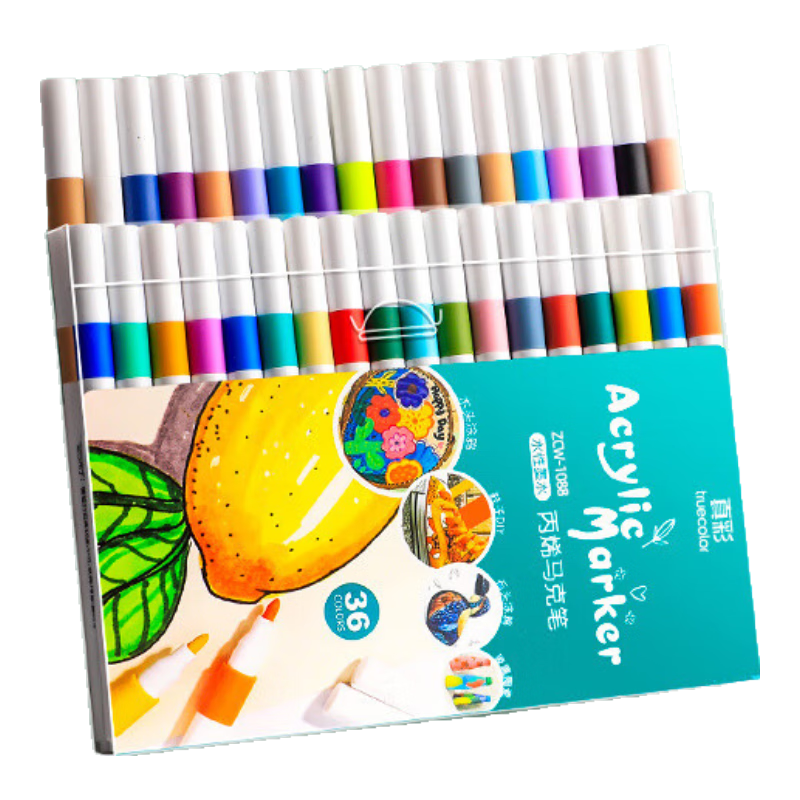 真彩丙烯馬克筆不透色可疊色兒童水彩筆筆芯小學生美術專用幼兒園無毒可水洗24/80色丙稀畫筆軟頭白色 36色圓桿+手提袋裝