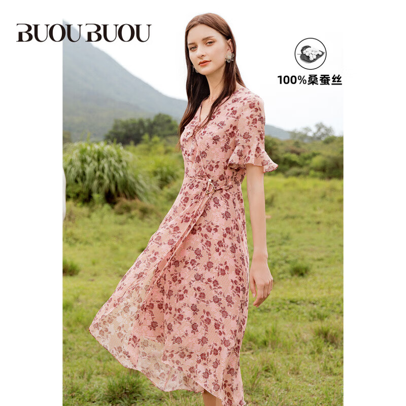 BUOUBUOU新款夏桑蚕丝淑女碎花连衣裙法式短袖连衣裙女2025夏真丝通勤春日 R25粉色 M 160